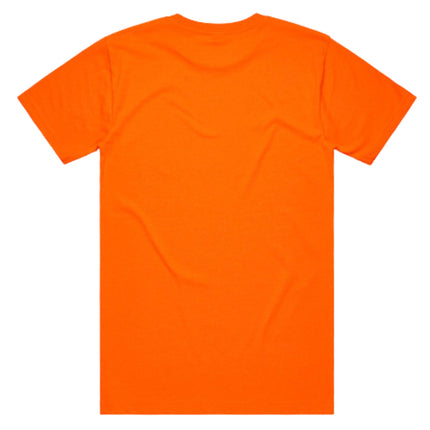 A rear view of a simple, fitted bright orange short-sleeve t-shirt with a crew neck.