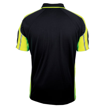 A rear view of a black short-sleeve polo shirt. It has neon yellow side panels with two thin gray reflective stripes and neon yellow sleeves with matching stripes.
