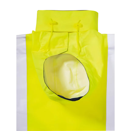 A close-up, top-down view of a neon yellow work jacket's hood. The hood is unzipped and laid flat, showing the inner lining and drawstrings.