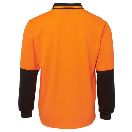 A rear view of an orange and black long-sleeve polo shirt. The back is all orange, and the sleeves are black.