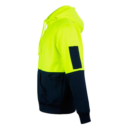 A side view of a two-tone hoodie. The top is neon yellow, and the bottom and sleeves are dark blue. It has a hood and a large front pocket.