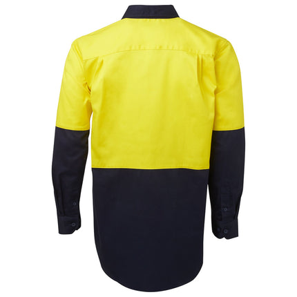 A rear view of a bright yellow and dark blue long-sleeve work shirt. The back is bright yellow, and the bottom and sleeves are dark blue.