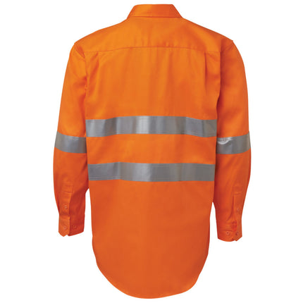 A rear view of an orange long-sleeve work shirt. It has a full button-down back and two wide, gray reflective stripes across the torso and arms.