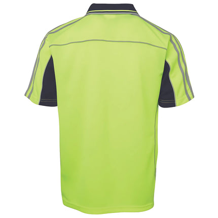 A rear view of a neon yellow and dark blue short-sleeve polo shirt. The back is neon yellow, with dark blue sleeves that have two reflective gray stripes.