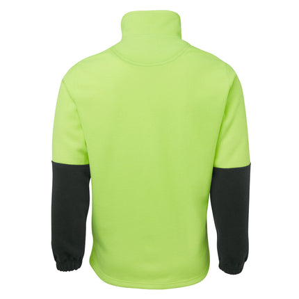 A rear view of a two-tone fleece pullover. The top is neon yellow, and the bottom and sleeves are black.