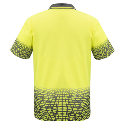A rear view of a neon yellow polo shirt with a dark gray collar. It features a black geometric pattern on the hem and sleeves.