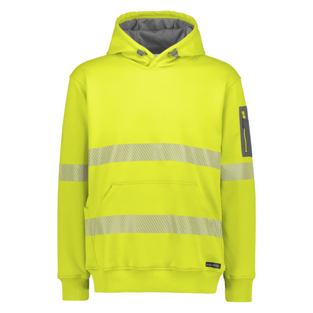 A front view of a high-visibility neon yellow hoodie with a gray-lined hood and a gray zipper pocket on the left sleeve. It has reflective stripes across the torso and arms.