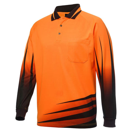 A close-up of a long-sleeve polo shirt. The shirt is bright orange with a black and orange striped pattern on the bottom and a black and orange pattern on the sleeves. It has a high collar with two thin stripes.