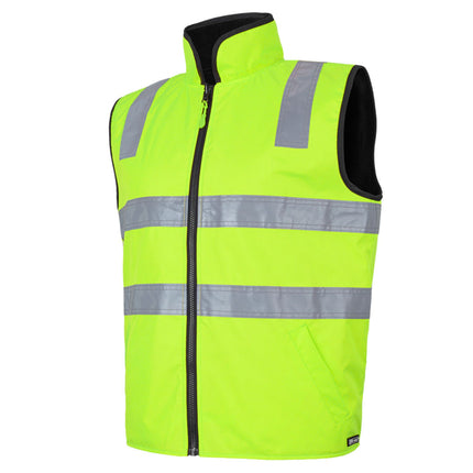 A close-up of a neon yellow, high-visibility vest. It has a high collar with black trim and two wide, gray reflective stripes across the torso and shoulders.