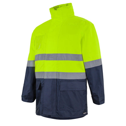 Two-tone safety jacket with reflective stripes on a white background