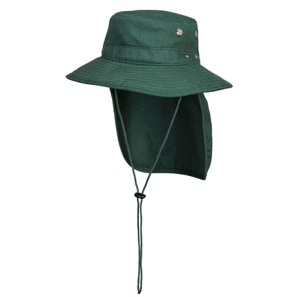 Green bucket hat with neck flap on a white background