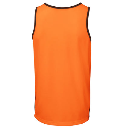 A rear view of a bright orange work tank top with a black ribbed collar and armholes. The fabric has a fine honeycomb texture.