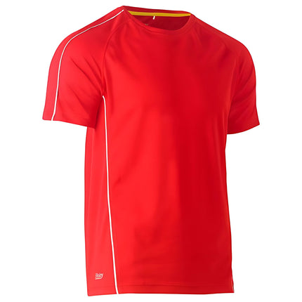 A close-up of a fitted red short-sleeve shirt. It has a high collar with a yellow stripe on the back and white piping on the sleeves and sides.