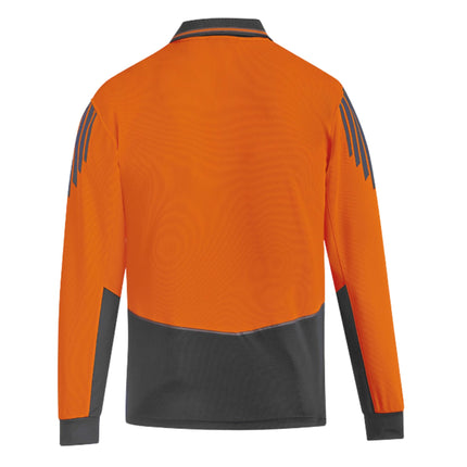 A rear view of a bright orange and dark gray long-sleeve polo shirt. It features dark gray stripes on the shoulders/sleeves and a contrast lower body panel.