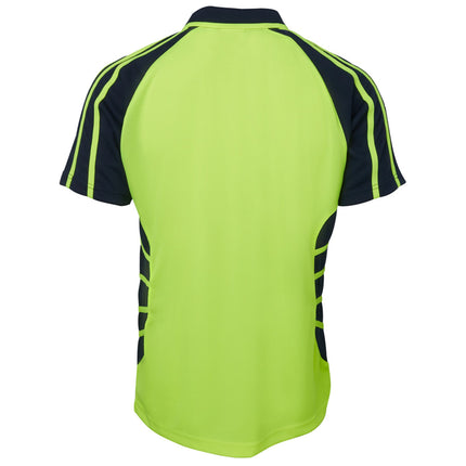 A rear view of a neon yellow and dark blue short-sleeve polo shirt. The back is neon yellow, with a black, athletic-style striped pattern on the sides and sleeves.