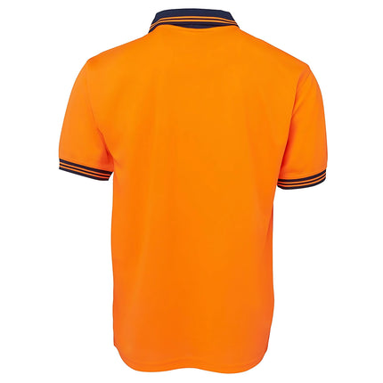 A rear view of a two-tone polo shirt. The back is all orange, and the collar and bottom are dark blue with two thin stripes on the collar.