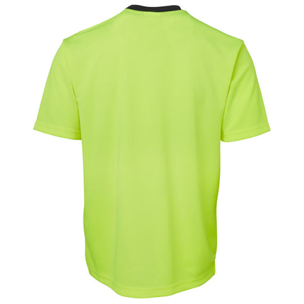 A rear view of a short-sleeve t-shirt. The back is all neon yellow, and the collar is dark blue.