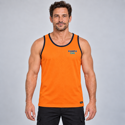 JB's Wear Hi-Vis Contrast Singlet in Orange/Navy, front view with an example three-colour embroidered chest logo.
