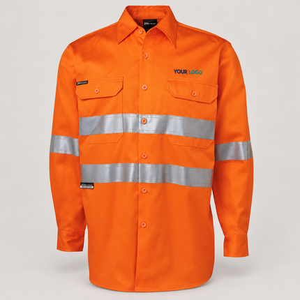 Illustrative front-view branding mock-up of JB's Wear 6HDNL Orange shirt with small navy-and-teal YOUR LOGO embroidery above the wearer-left chest pocket on a warm grey background.