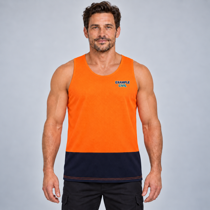 JB's Wear Hi-Vis Traditional Singlet in Orange/Navy, front view with an example three-colour embroidered chest logo.