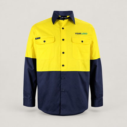 Illustrative front-view branding mock-up of JB's Wear 6HWSL Yellow/Navy shirt with small navy-and-teal YOUR LOGO embroidery above the wearer-left chest pocket on a warm grey background.