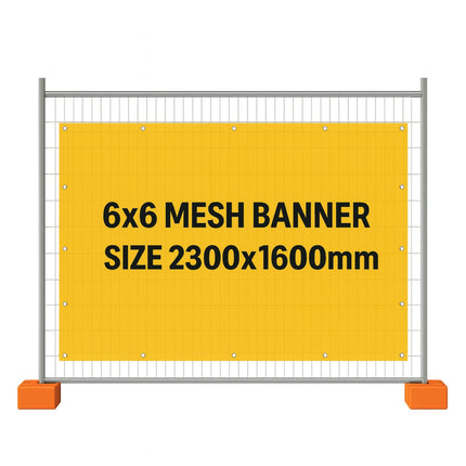 Yellow mesh banner with text on a white background