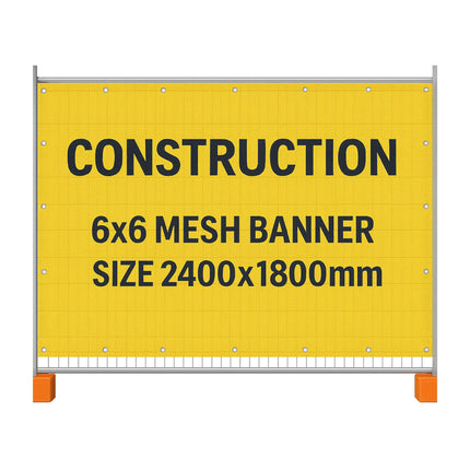 Yellow construction mesh banner with text on a white background