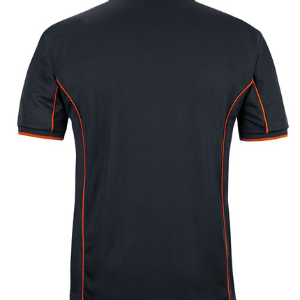 Back view of JB's Wear Podium Short Sleeve Piping Polo by My Promo Shop in black, featuring orange piping on seams, sleeves, and collar. Crafted from moisture-wicking fabric for all-day comfort.