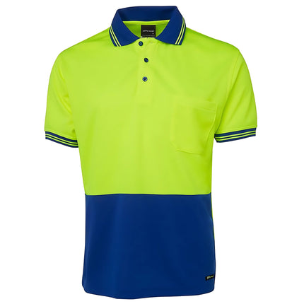A front view of a two-tone polo shirt. The top is neon yellow, and the bottom and collar are dark blue. It has two thin stripes on the collar and sleeves.