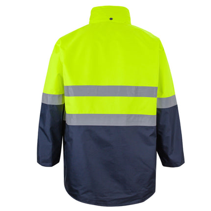 Two-tone safety jacket with reflective stripes on a white background