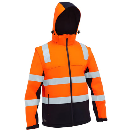 A close-up of a two-tone work jacket. The jacket is orange and black with a hood and reflective stripes on the torso and arms.
