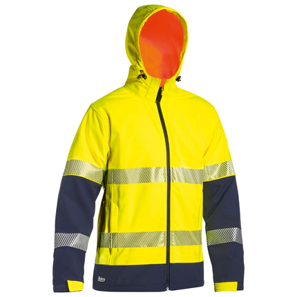 A two-tone work jacket with a bright yellow top and a dark blue bottom. The jacket has a hood, reflective stripes on the torso and arms, and a gray zipper.