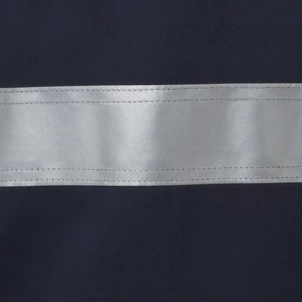 A close-up of a dark blue fabric with a wide, reflective gray stripe sewn across it. The stripe has a smooth, shiny texture, while the dark blue fabric has a subtle diagonal weave.