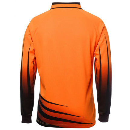 A rear view of a bright orange long-sleeve polo shirt. The shirt has a black and orange striped pattern on the bottom and a black and orange pattern on the sleeves.