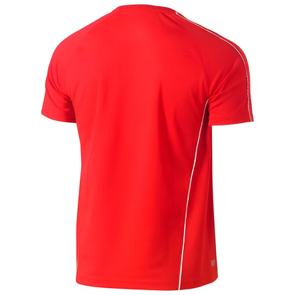 A rear view of a fitted red short-sleeve shirt with white piping on the sleeves and sides.