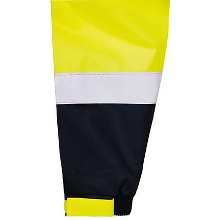 A close-up of a two-tone work jacket sleeve. The sleeve is neon yellow at the top and dark blue at the bottom, with a white reflective stripe in the middle.