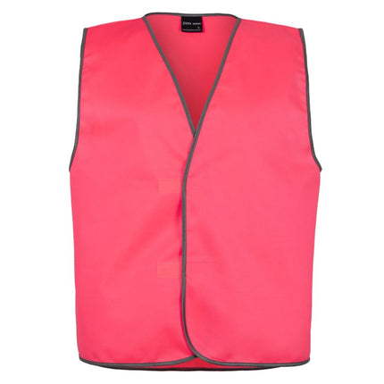 A front view of a bright red high-visibility vest with gray trim. The vest is open at the front, showing the V-neck design.