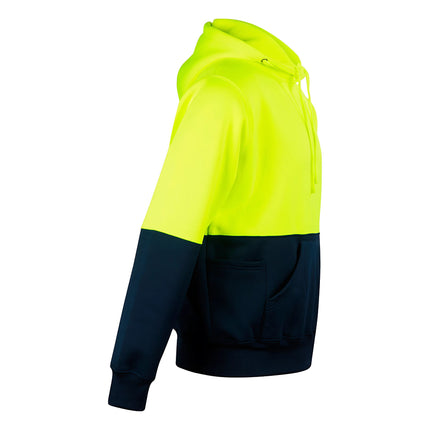 A side view of a two-tone hoodie. The top is neon yellow with a black pocket on the left sleeve, and the bottom is dark blue.