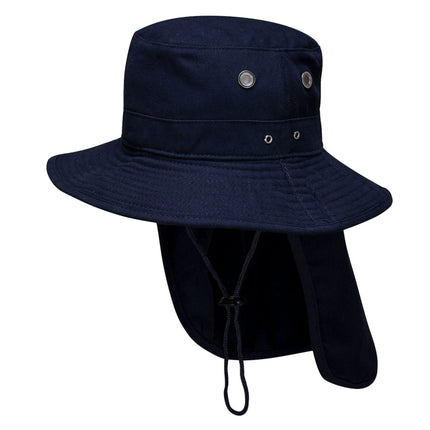 Navy blue bucket hat with neck flap on a white background