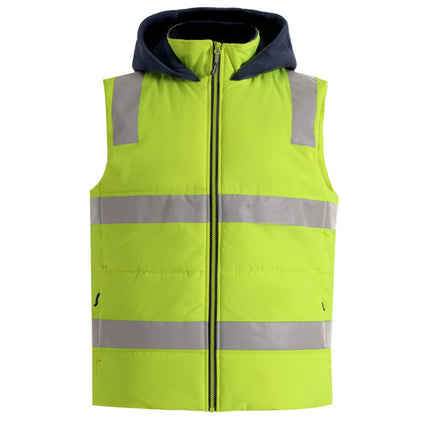 A close-up of a high-visibility neon yellow padded vest. It has a dark blue fleece hood, a full zipper, and gray reflective stripes across the torso and shoulders.