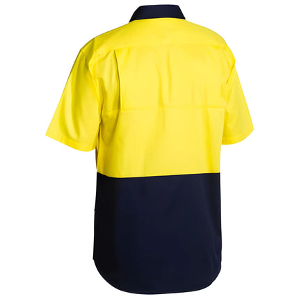 A rear view of a two-tone short-sleeve work shirt. The top half is bright yellow, and the bottom half is dark blue.