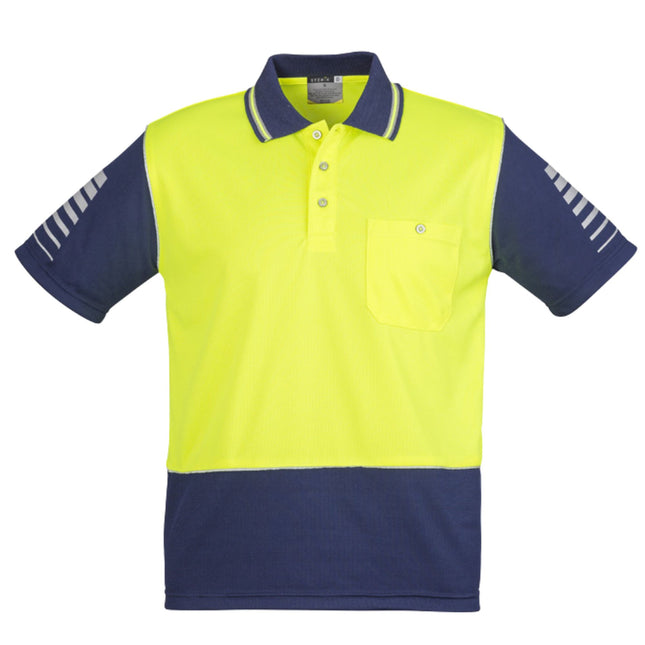 A close-up of a neon yellow and dark blue short-sleeve polo shirt with reflective stripes on the arms and a single chest pocket.