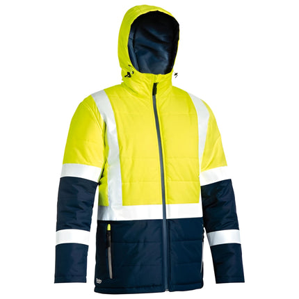 A view of a two-tone work jacket. The upper part is bright yellow, and the lower part is dark blue. A gray zipper runs down the front. The jacket has a hood and white reflective stripes on the torso and arms.