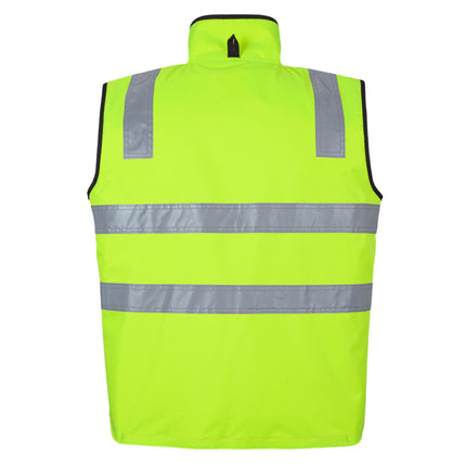 A rear view of a neon yellow, high-visibility vest. It has two wide, gray reflective stripes across the back and two matching stripes on the shoulders.