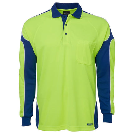 A front view of a neon yellow and dark blue long-sleeve polo shirt. The main body is neon yellow with dark blue side panels and sleeves, outlined with white piping. It has a high collar and a single chest pocket.