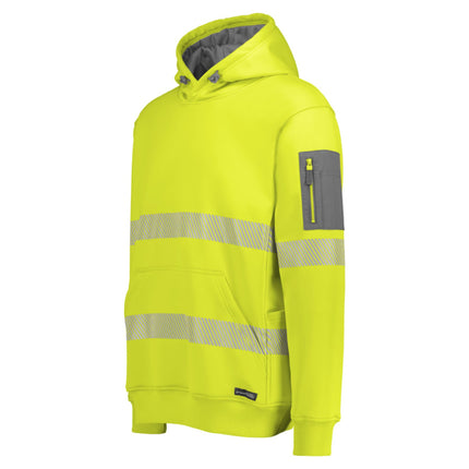 A close-up of a high-visibility neon yellow hoodie. It has a gray-lined hood, a front pocket, a gray zipper pocket on the left sleeve, and reflective stripes across the torso and arms.