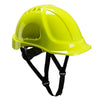 Yellow Portwest PS55 safety helmet with black chin strap