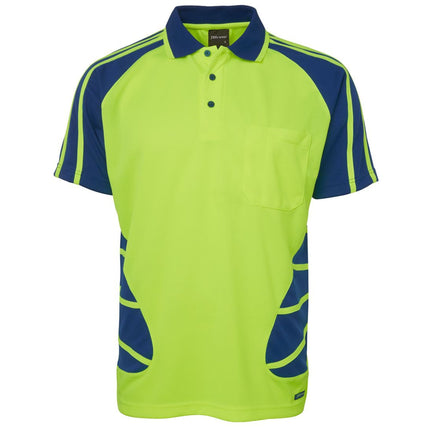A front view of a neon yellow and dark blue short-sleeve polo shirt. It has a single chest pocket and a black striped pattern on the sides and sleeves.