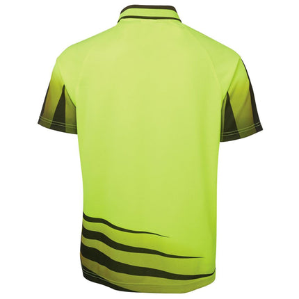 A rear view of a neon yellow short-sleeve polo shirt. It has a black and neon stripe pattern on the bottom left and on the sleeves.