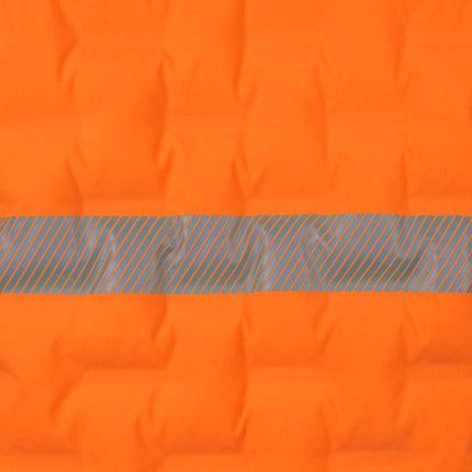 A close-up of a padded, bright orange fabric with a gray reflective stripe across it. The stripe has a pattern of diagonal lines.